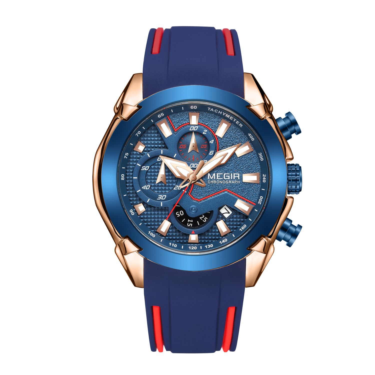 MEGIR 2065 men's chronograph watch, rose-gold and blue case with blue dial and blue silicone strap, front view
