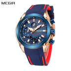 MEGIR 2065 men's chronograph watch, rose-gold and blue case with blue dial and blue silicone strap, front studio view