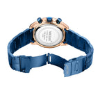 MEGIR 2065 men's chronograph watch caseback with engravings and blue steel bracelet