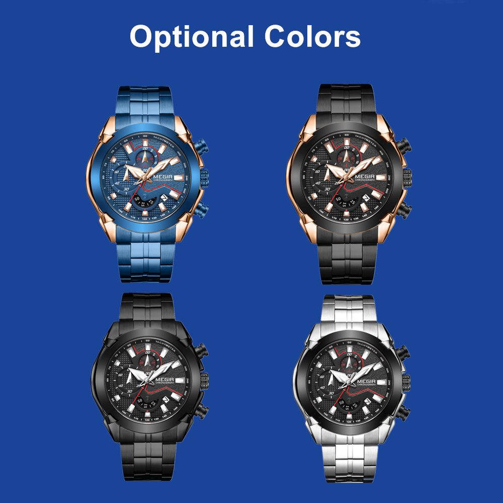 MEGIR 2065 men's chronograph watch shown in blue, rose-gold-black, black and silver colour options
