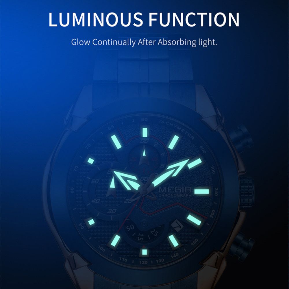 MEGIR 2065 men's chronograph watch feature graphic showing luminous hands and markers glowing in the dark
