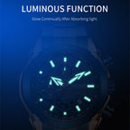 MEGIR 2065 men's chronograph watch feature graphic showing luminous hands and markers glowing in the dark