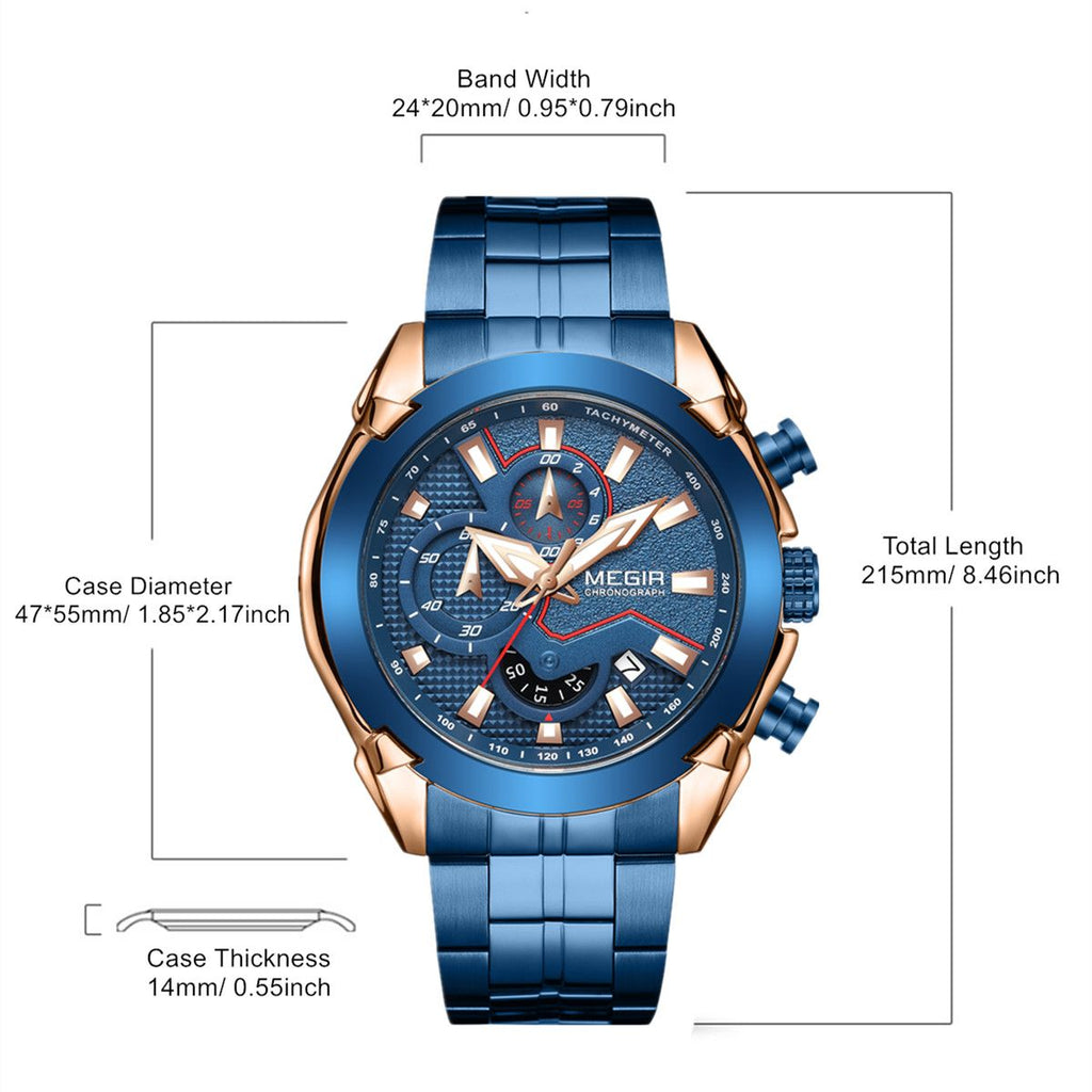 MEGIR 2065 men's chronograph watch parameters graphic with case diameter, thickness, band width and length