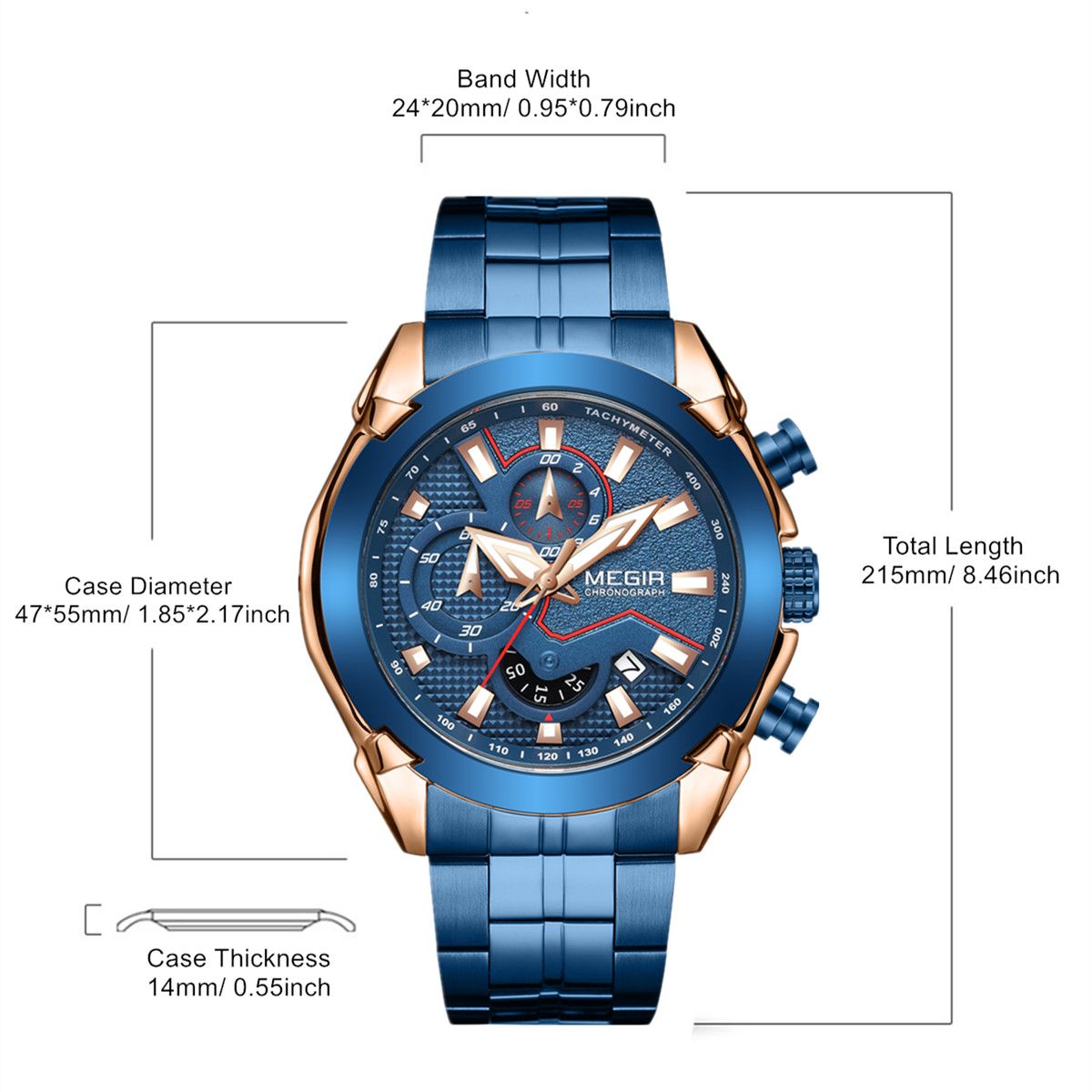 MEGIR 2065 men's chronograph watch parameters graphic with case diameter, thickness, band width and length