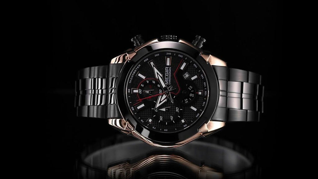 MEGIR 2065 men's chronograph watch product video thumbnail, black case with rose-gold accents and steel bracelet
