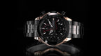 MEGIR 2065 men's chronograph watch product video thumbnail, black case with rose-gold accents and steel bracelet