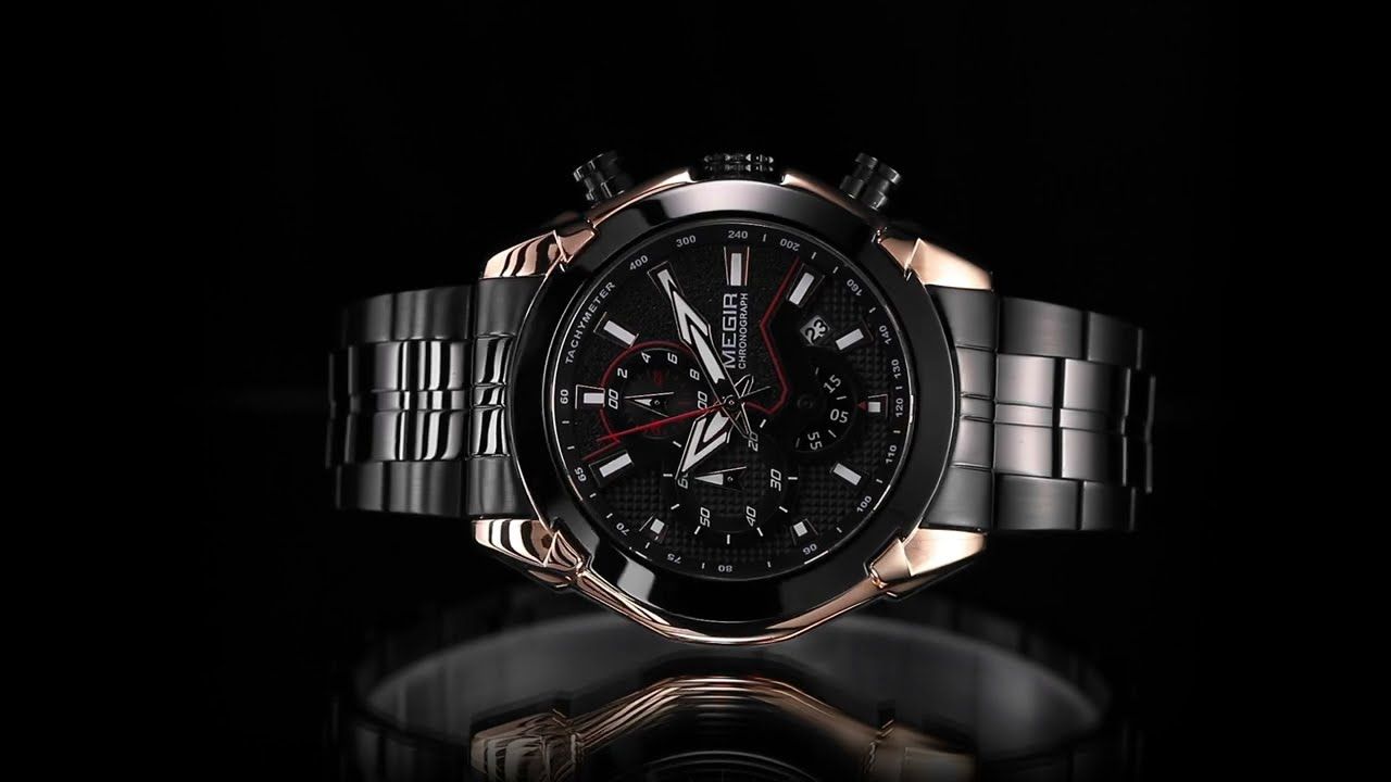 MEGIR 2065 men's chronograph watch product video thumbnail, black case with rose-gold accents and steel bracelet
