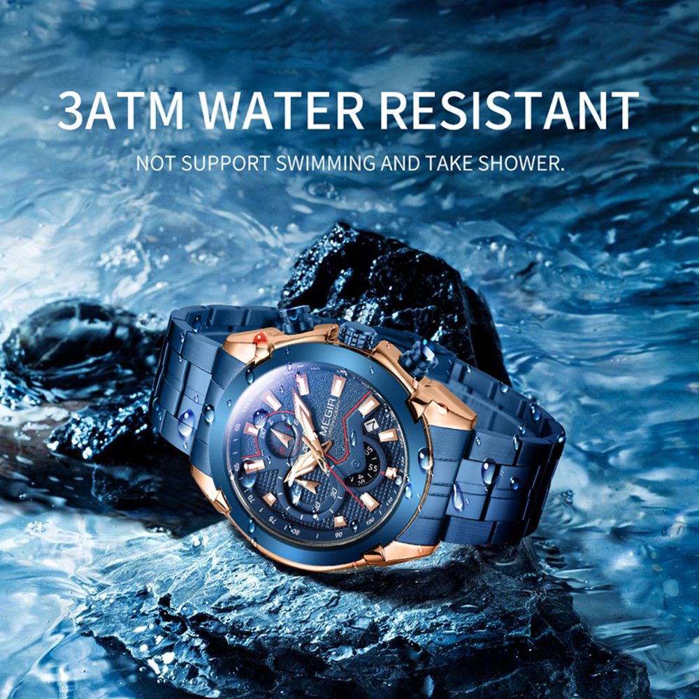 MEGIR 2065 men's chronograph watch water-resistance graphic noting no swimming or showering