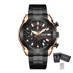 MEGIR 2065 men's chronograph watch, black case with black dial and black steel bracelet, with gift box