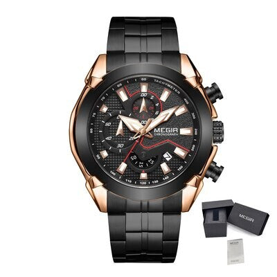 MEGIR 2065 men's chronograph watch, black case with black dial and black steel bracelet, with gift box