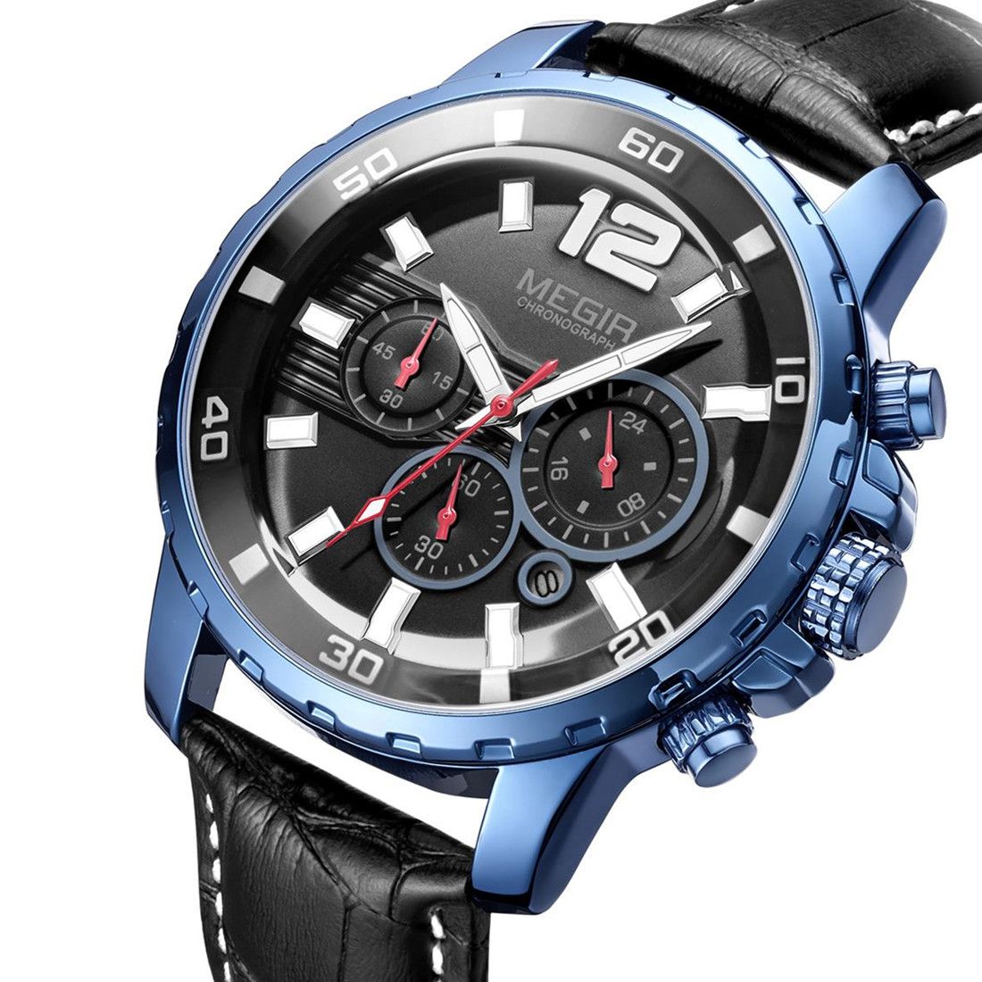 MEGIR 2068 men's chronograph watch, blue case with black dial and black leather strap, front studio view