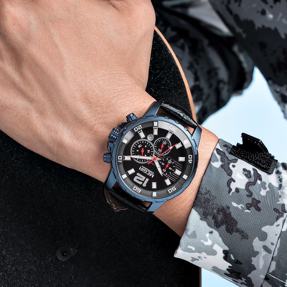 MEGIR 2068 men's chronograph watch on the wrist, blue case with black dial and black leather strap