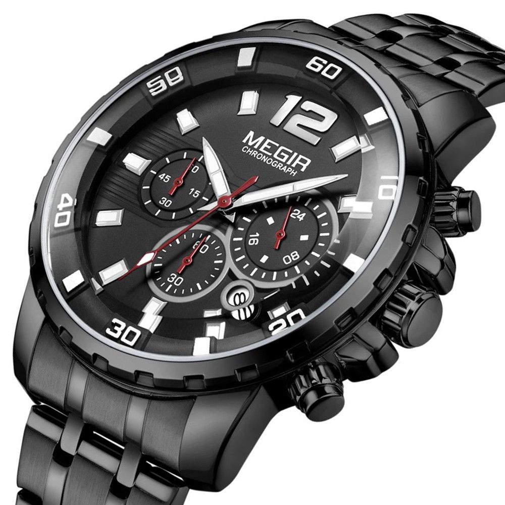 MEGIR 2068 men's chronograph watch, black case with black dial and black stainless steel bracelet, front studio view