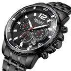 MEGIR 2068 men's chronograph watch, black case with black dial and black stainless steel bracelet, front studio view