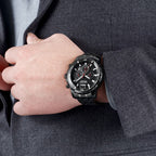 MEGIR 2068 men's chronograph watch on the wrist, black case with black dial and black stainless steel bracelet