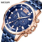 MEGIR 2068 men's chronograph watch, rose-gold case with blue dial and blue stainless steel bracelet, front view