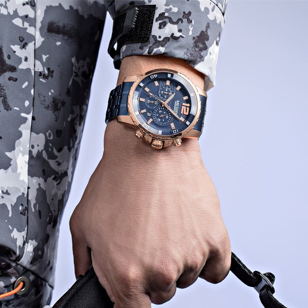 MEGIR 2068 men's chronograph watch on the wrist, rose-gold case with blue dial and blue stainless steel bracelet