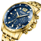 MEGIR 2068 men's chronograph watch, gold-tone case with blue dial and gold stainless steel bracelet, front studio view