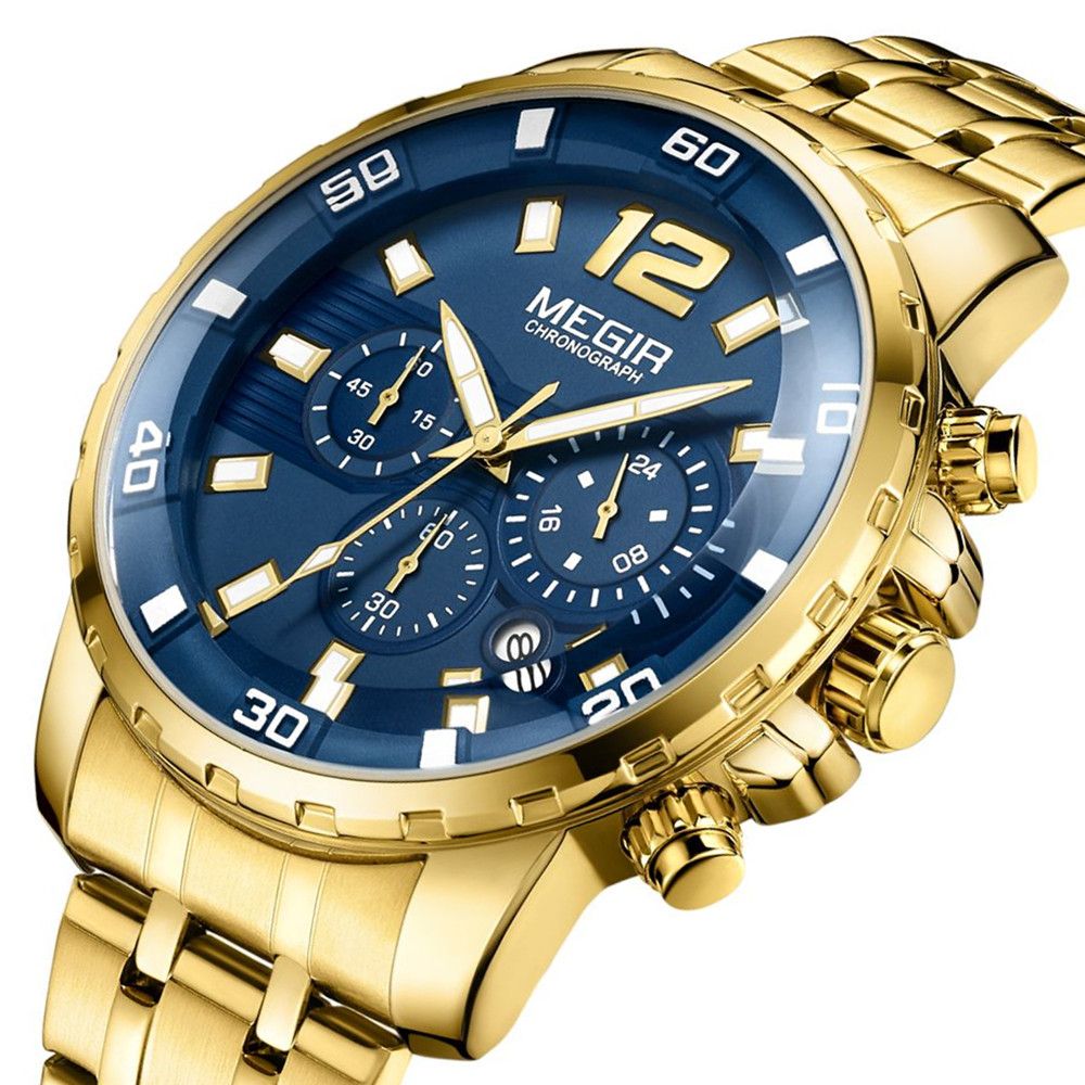 MEGIR 2068 men's chronograph watch, gold-tone case with blue dial and gold stainless steel bracelet, front studio view