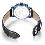 MEGIR 2068 men's chronograph watch caseback with engravings and black leather strap with buckle