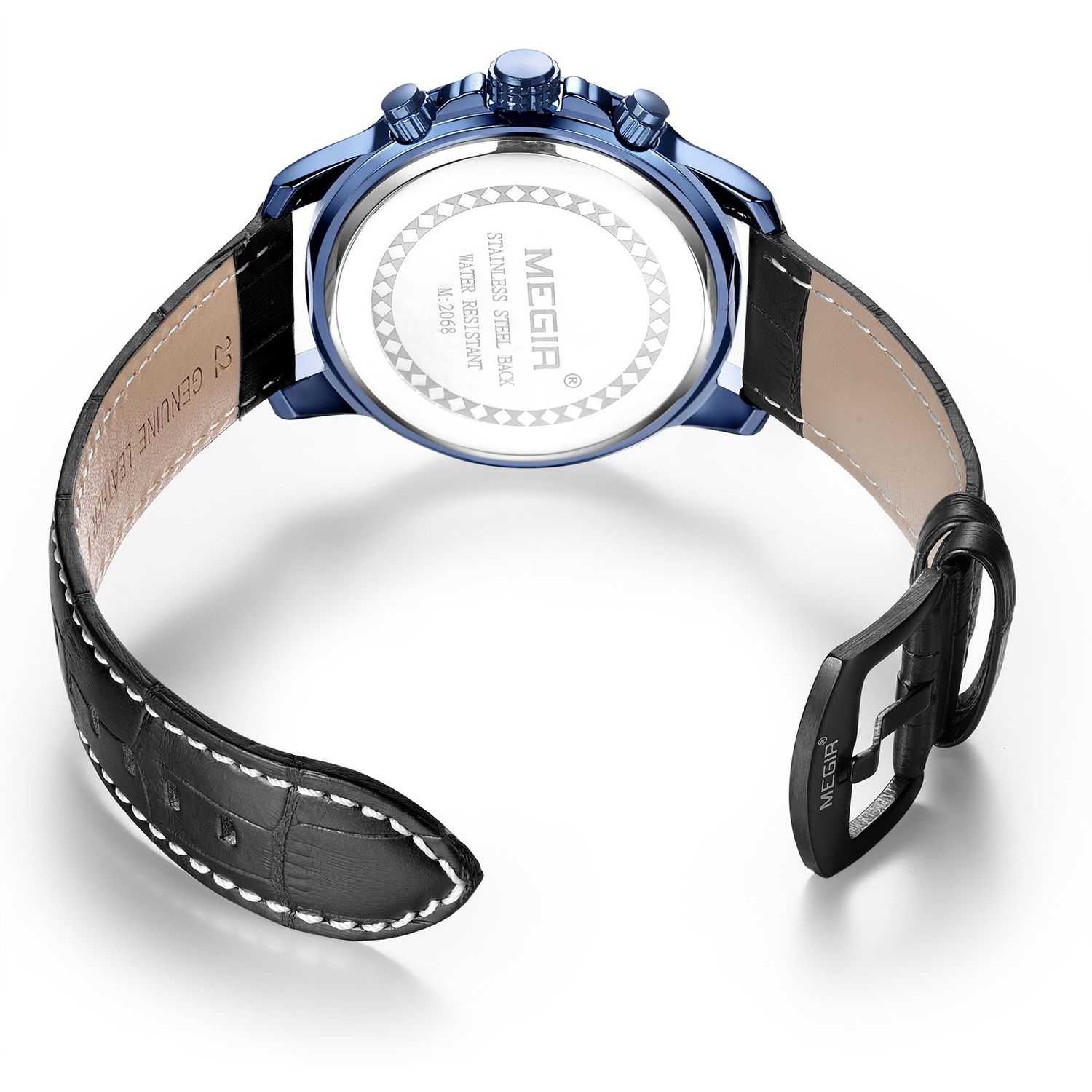 MEGIR 2068 men's chronograph watch caseback with engravings and black leather strap with buckle
