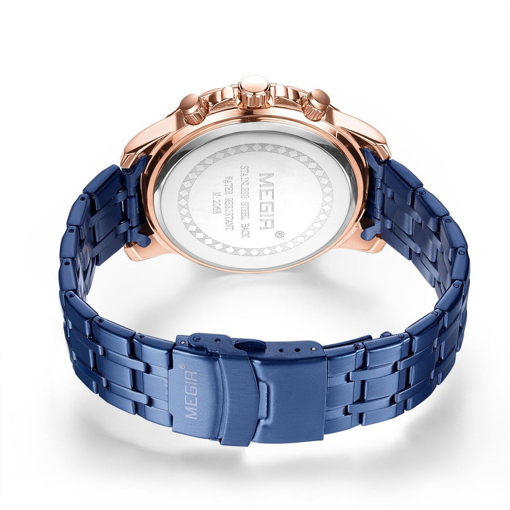 MEGIR 2068 men's chronograph watch caseback with engravings and blue stainless steel bracelet
