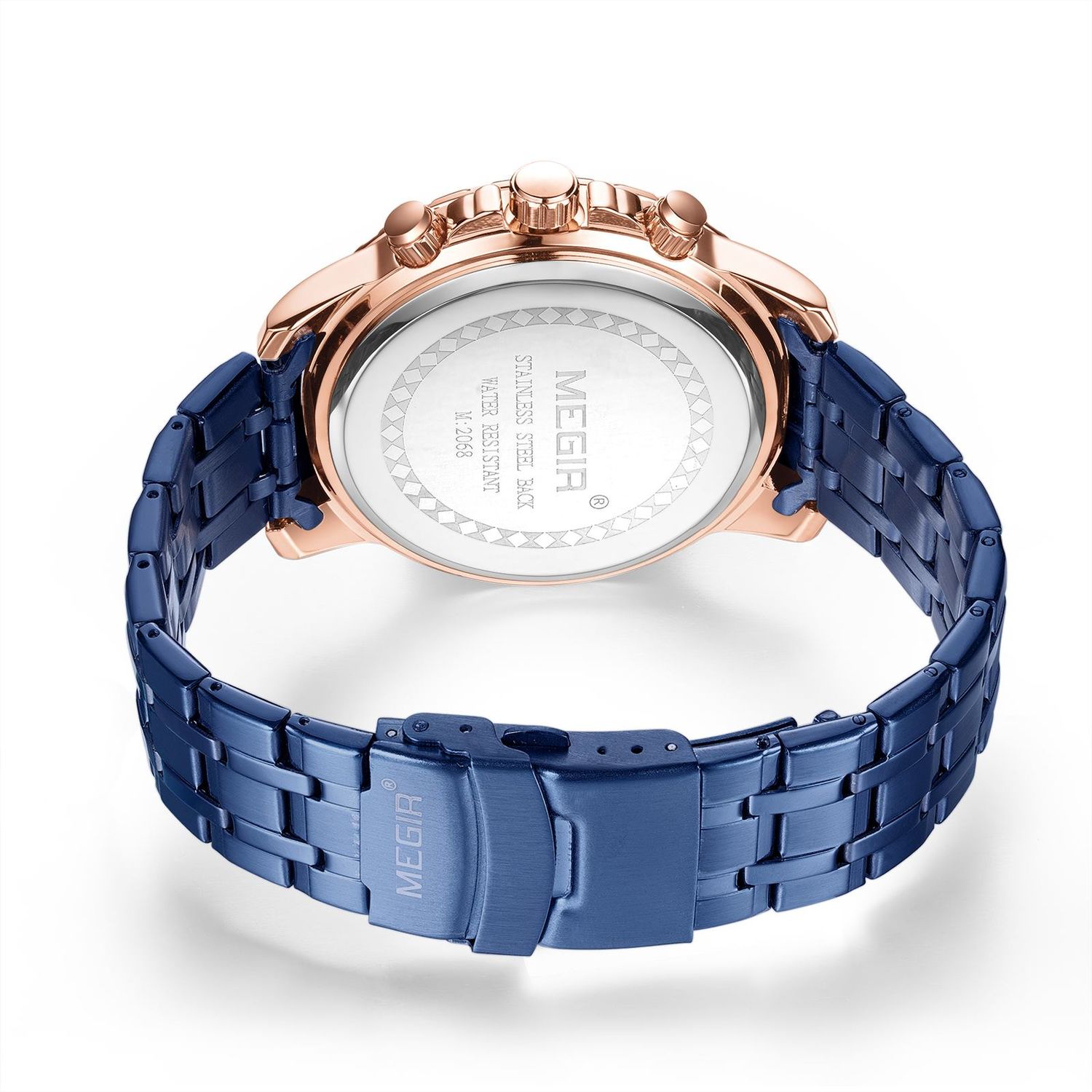 MEGIR 2068 men's chronograph watch caseback with engravings and blue stainless steel bracelet