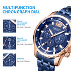 MEGIR 2068 men's chronograph watch feature graphic explaining the minute, second and 24-hour sub-dials