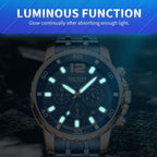 MEGIR 2068 men's chronograph watch feature graphic showing luminous hands and markers glowing in the dark