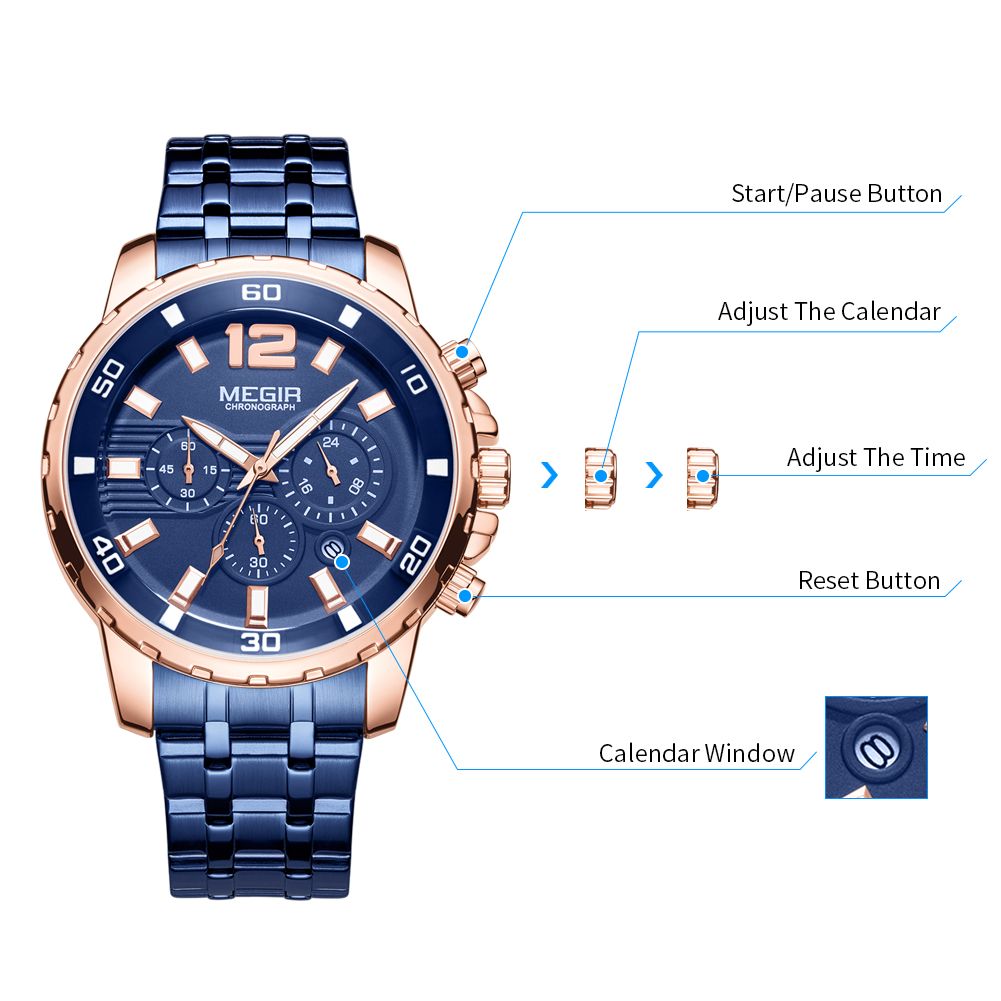 MEGIR 2068 men's chronograph watch operation graphic showing the start, calendar and reset buttons and crown