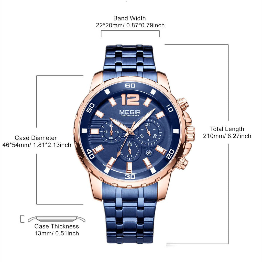 MEGIR 2068 men's chronograph watch parameters graphic with case diameter, thickness, band width and length