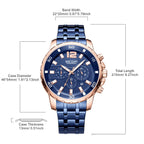 MEGIR 2068 men's chronograph watch parameters graphic with case diameter, thickness, band width and length
