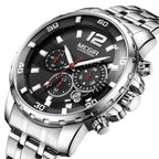 MEGIR 2068 men's chronograph watch, silver case with black dial and stainless steel bracelet, front studio view