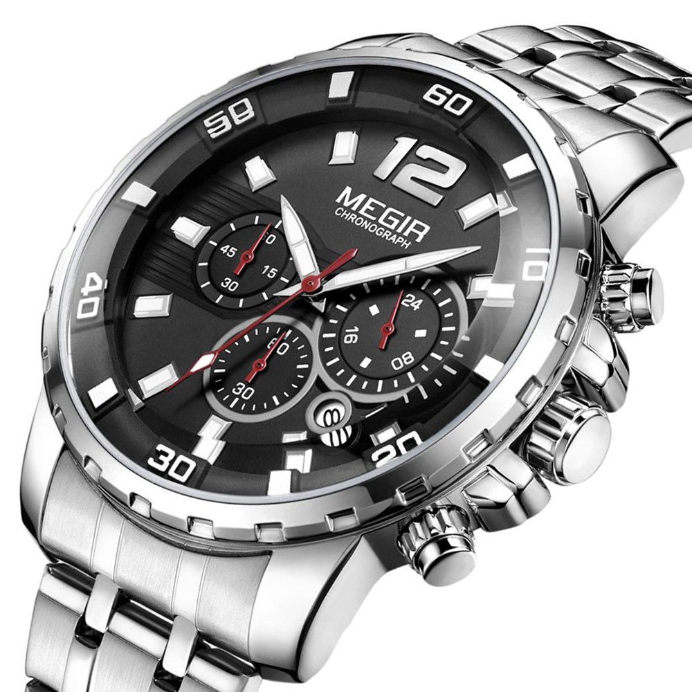MEGIR 2068 men's chronograph watch, silver case with black dial and stainless steel bracelet, front studio view
