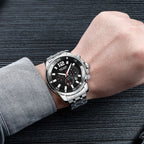MEGIR 2068 men's chronograph watch on the wrist, silver case with black dial and stainless steel bracelet
