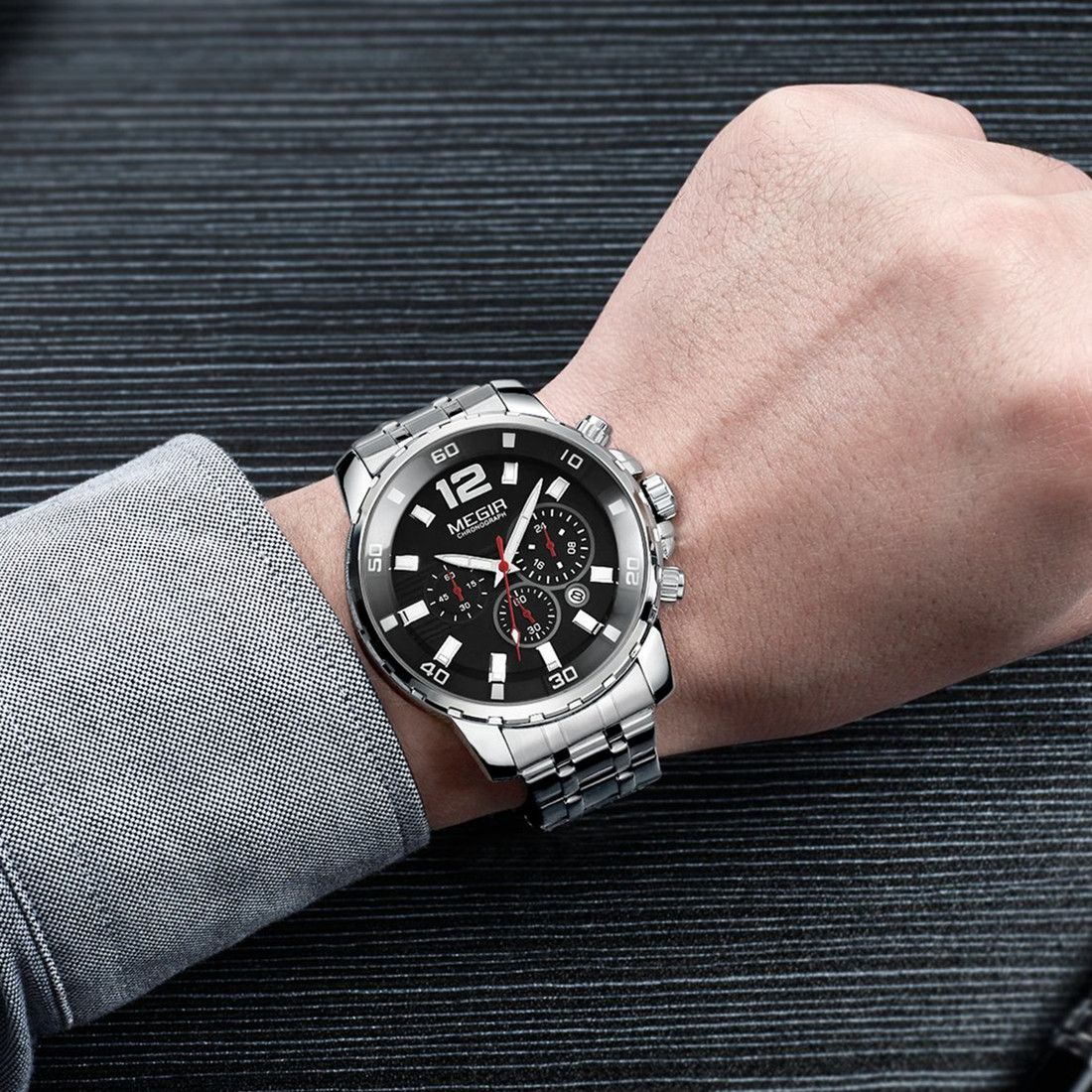 MEGIR 2068 men's chronograph watch on the wrist, silver case with black dial and stainless steel bracelet