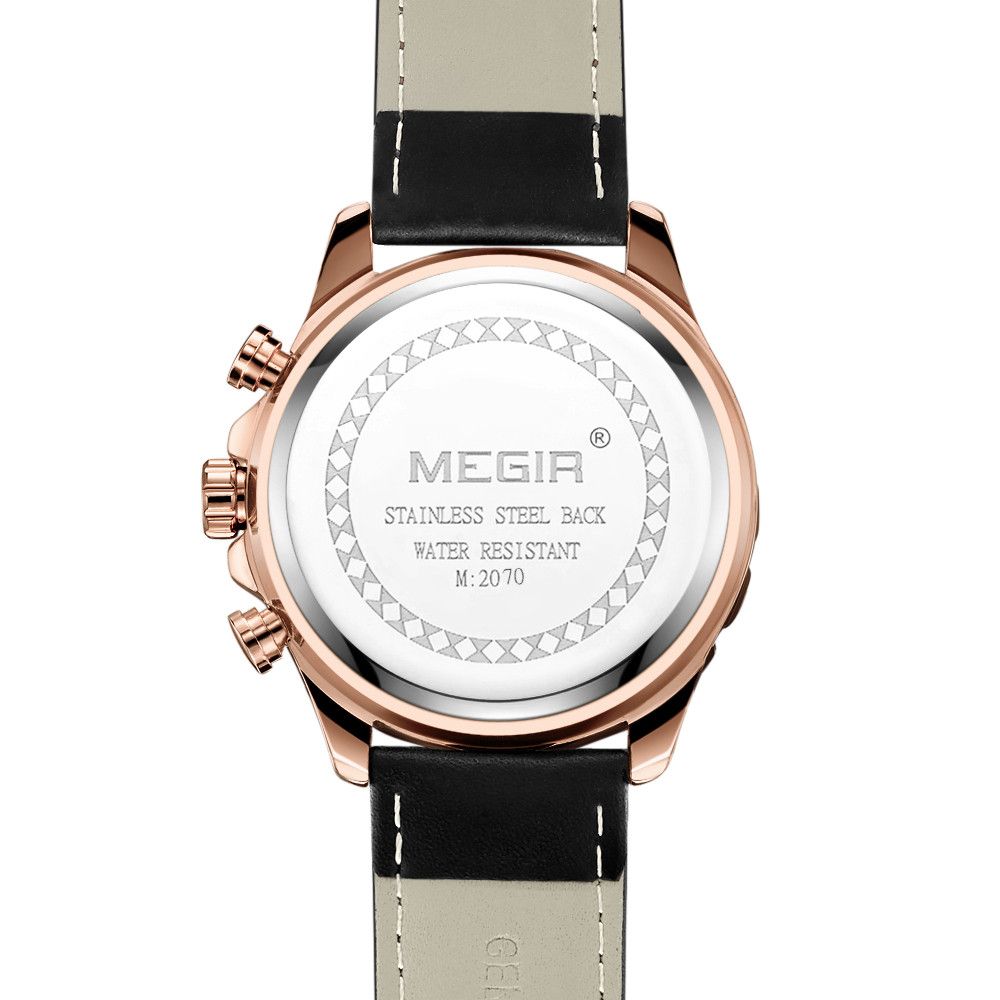 MEGIR 2070 men's chronograph watch caseback with engravings and black leather strap