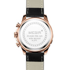 MEGIR 2070 men's chronograph watch caseback with engravings and black leather strap