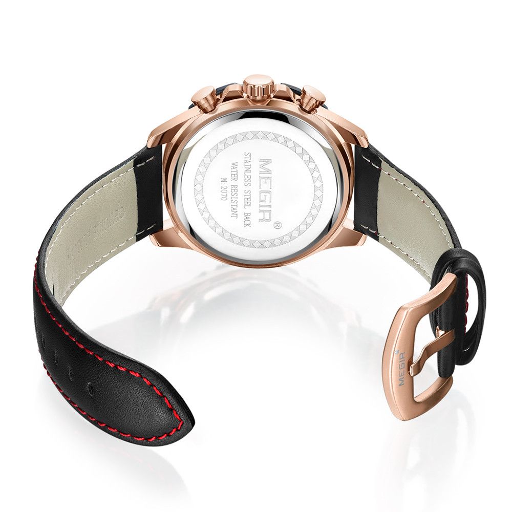 MEGIR 2070 men's chronograph watch caseback with engravings and black leather strap with buckle