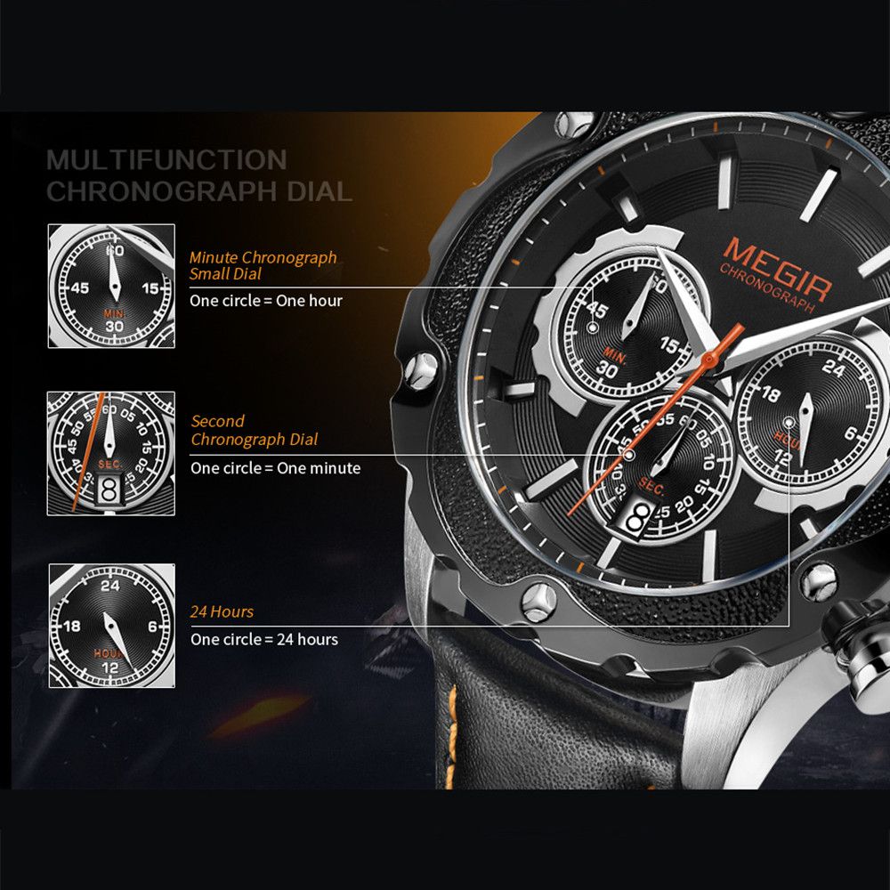 MEGIR 2070 men's chronograph watch feature graphic explaining the minute, second and 24-hour sub-dials