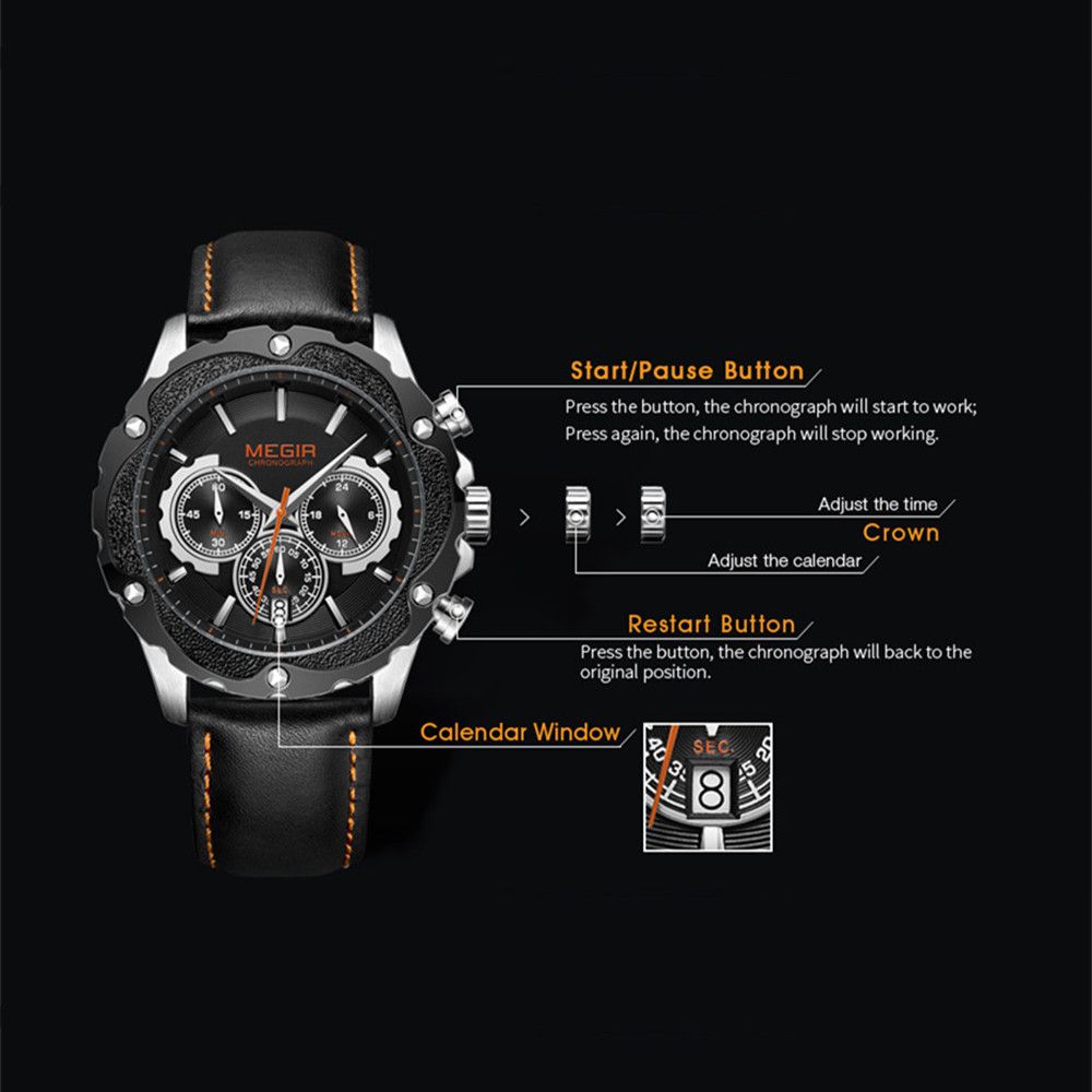 MEGIR 2070 men's chronograph watch operation graphic showing the start, calendar and reset buttons and crown