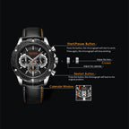 MEGIR 2070 men's chronograph watch operation graphic showing the start, calendar and reset buttons and crown