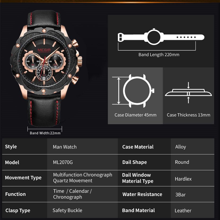 MEGIR 2070 men's chronograph watch parameters graphic with case diameter, thickness and band length