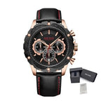 MEGIR 2070 men's chronograph watch, rose-gold case with black dial and black leather strap, with gift box