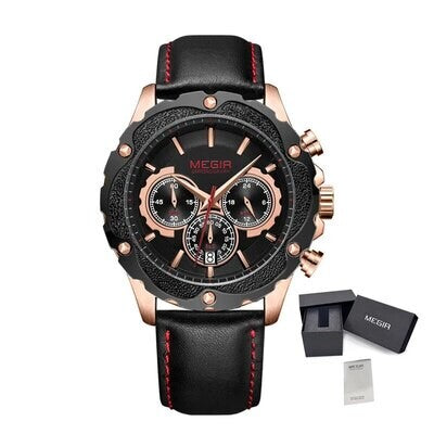 MEGIR 2070 men's chronograph watch, rose-gold case with black dial and black leather strap, with gift box