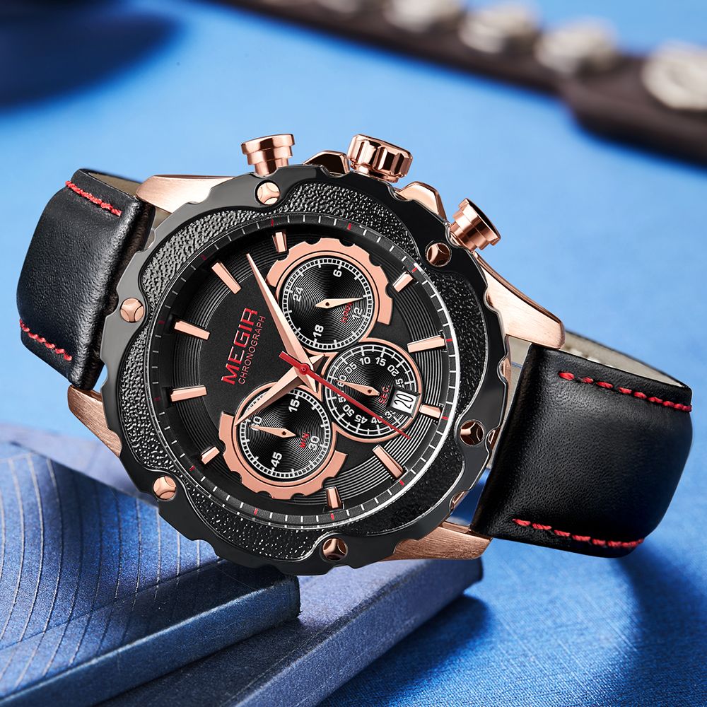 MEGIR 2070 men's chronograph watch, rose-gold case with black dial and black leather strap, three-quarter view