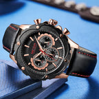 MEGIR 2070 men's chronograph watch, rose-gold case with black dial and black leather strap, three-quarter view