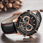 MEGIR 2070 men's chronograph watch, rose-gold case with black dial and black leather strap, side angle view