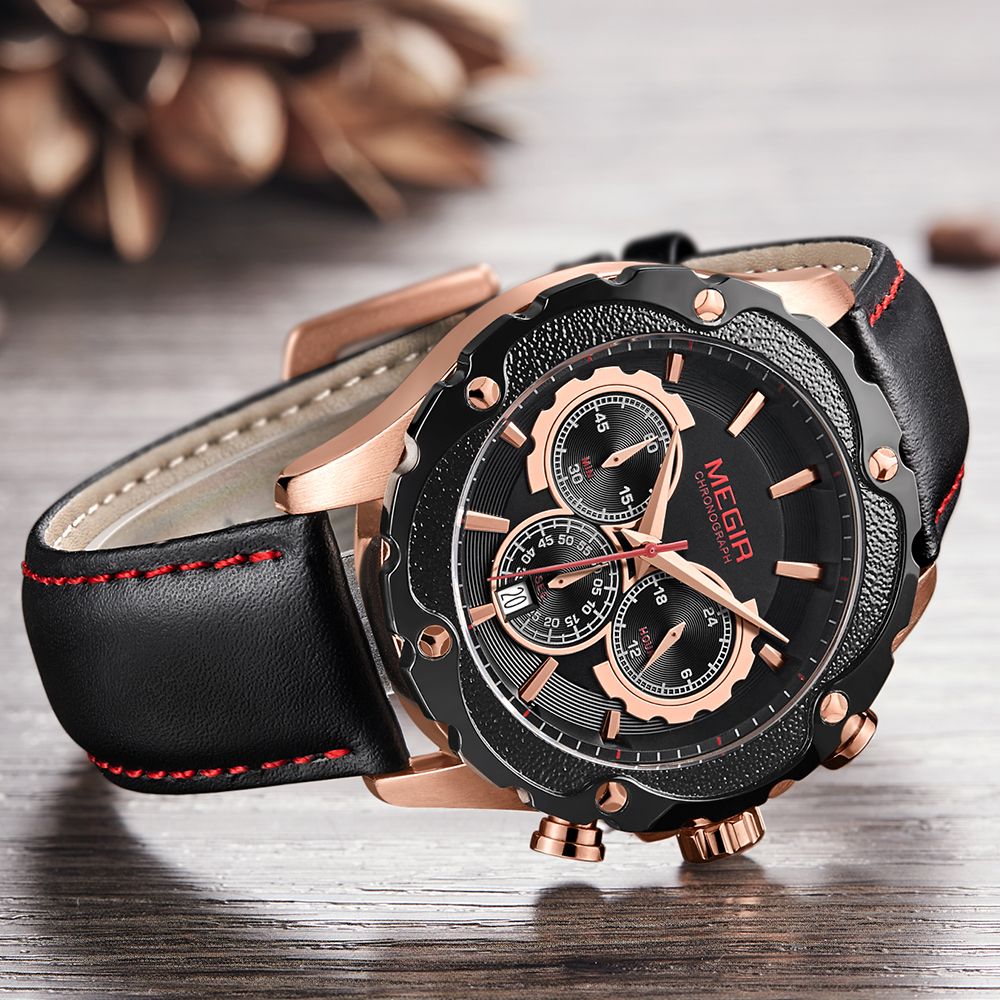 MEGIR 2070 men's chronograph watch, rose-gold case with black dial and black leather strap, side angle view