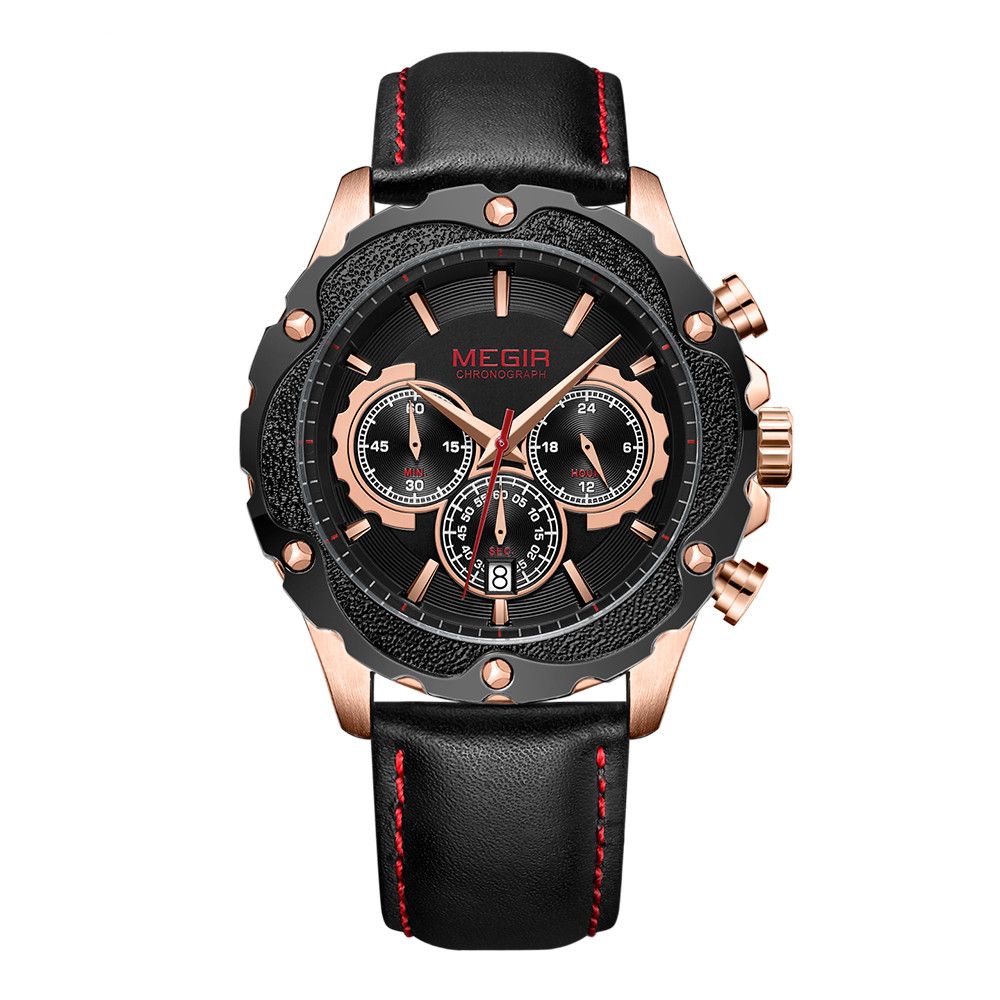 MEGIR 2070 men's chronograph watch, rose-gold case with black dial and black leather strap, front studio view